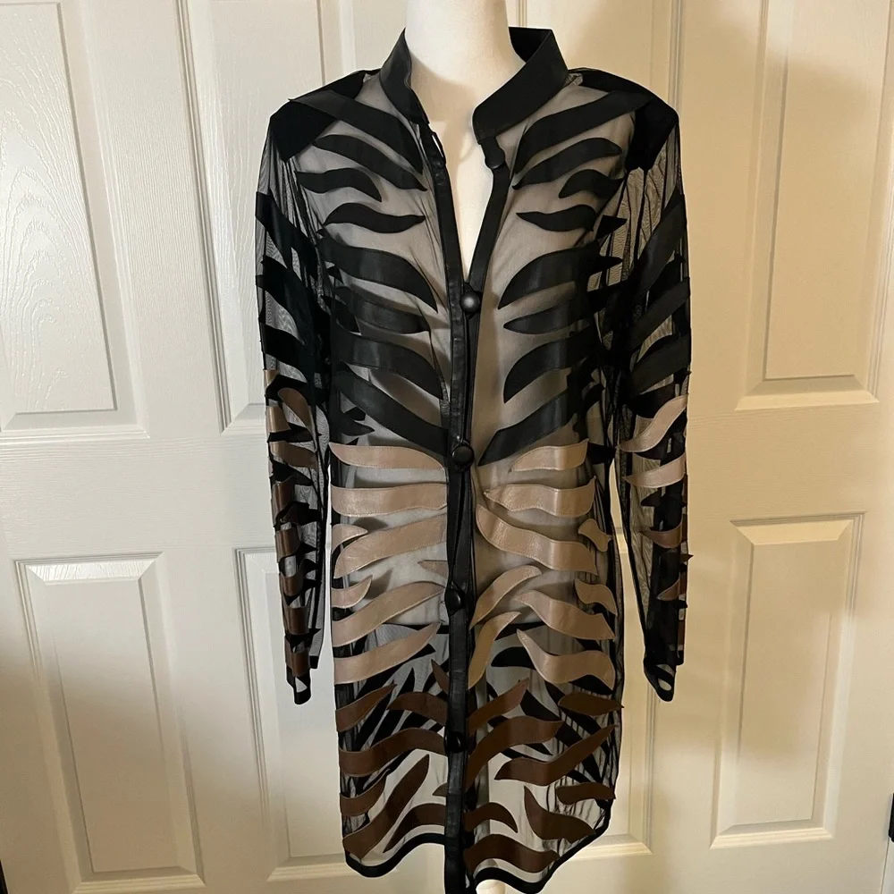 Dakota West 1X Sheer Mesh Leather Appliqué Longline Statement Jacket Y2K - Picture 1 of 4